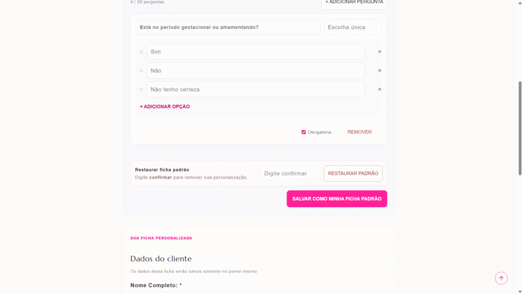 Botão de salvar ficha pesonalizada